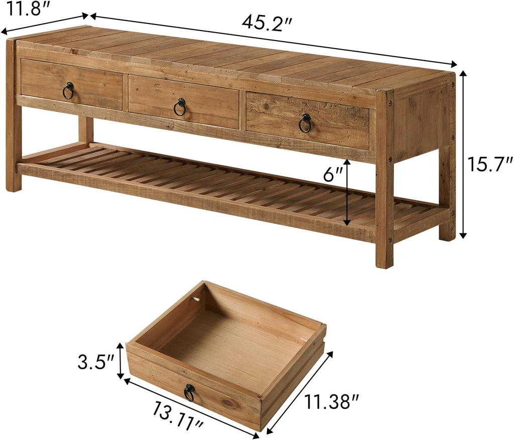 Natural Finish Rustic Wood Bench with Drawers & Storage Shelf