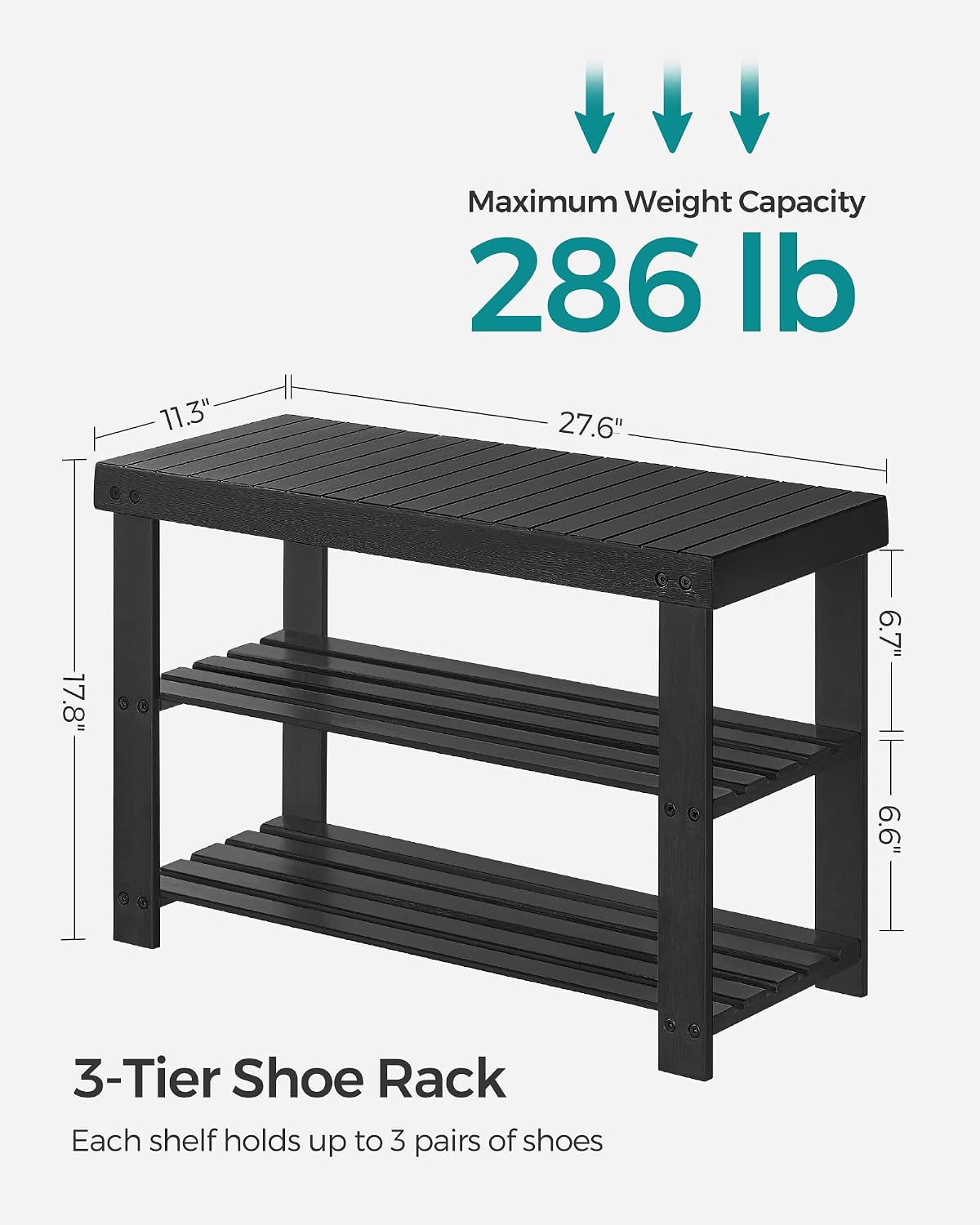 Ink Black 3-Tier Bamboo Shoe Bench