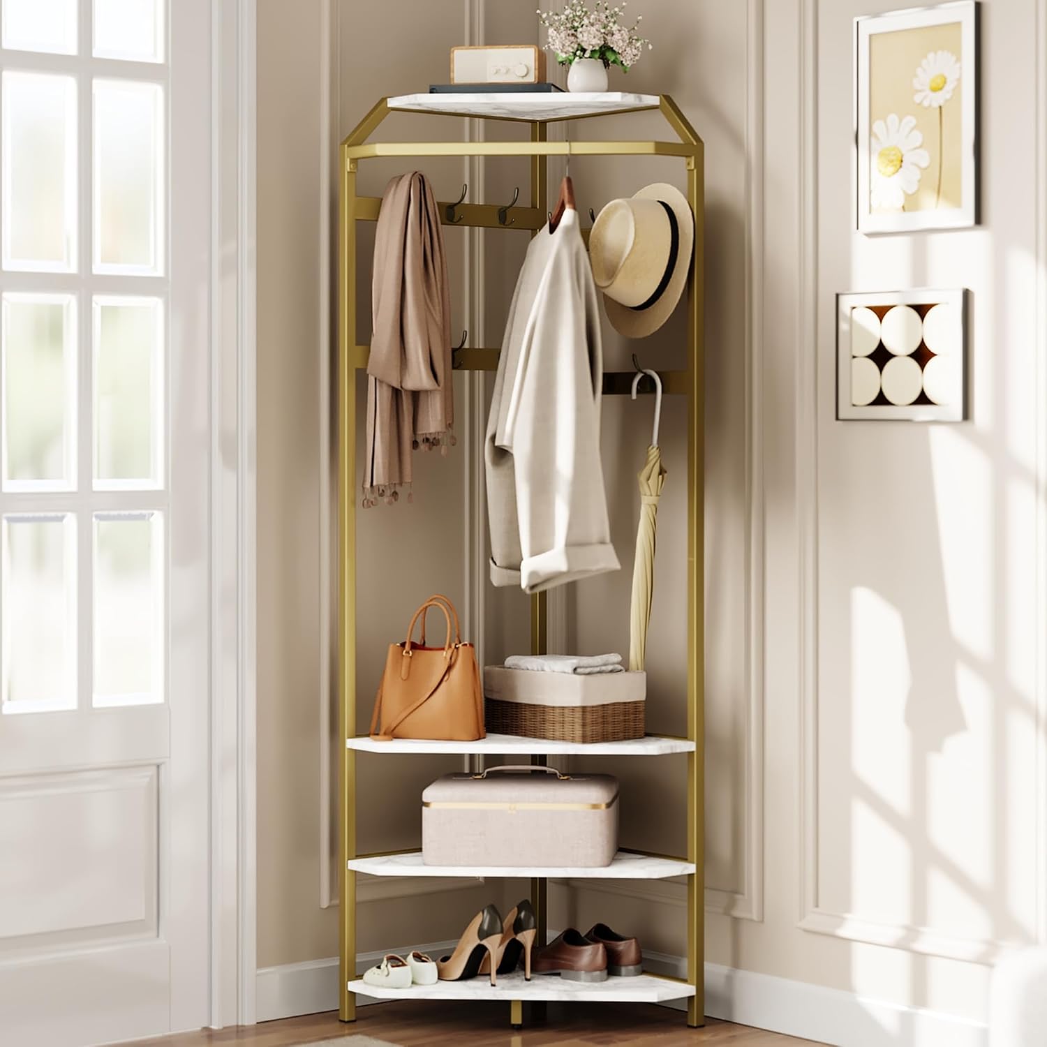 Gold Corner Hall Tree Shoe Storage Rack
