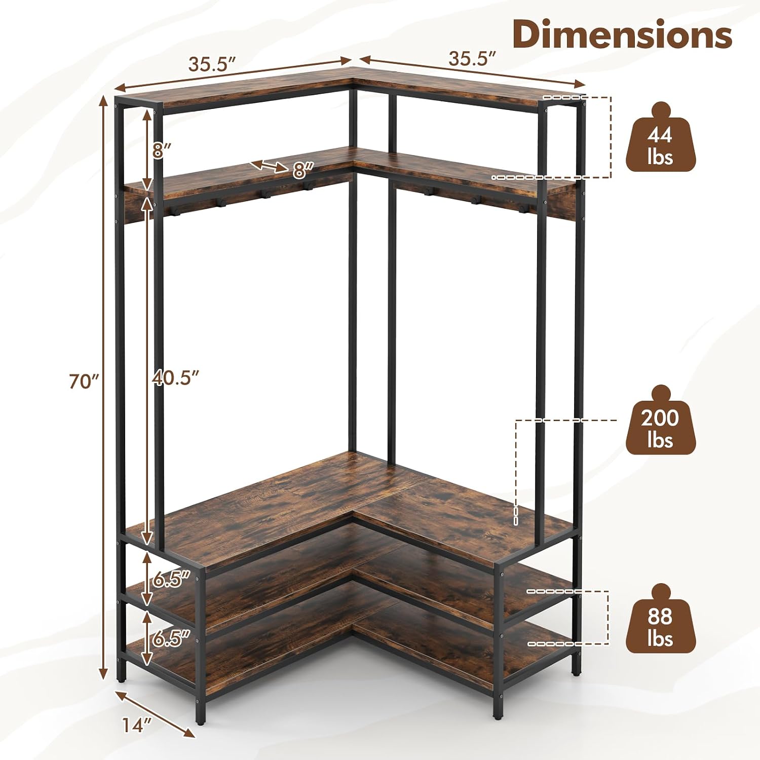 70" Brown Corner Hall Tree Bench Storage Rack