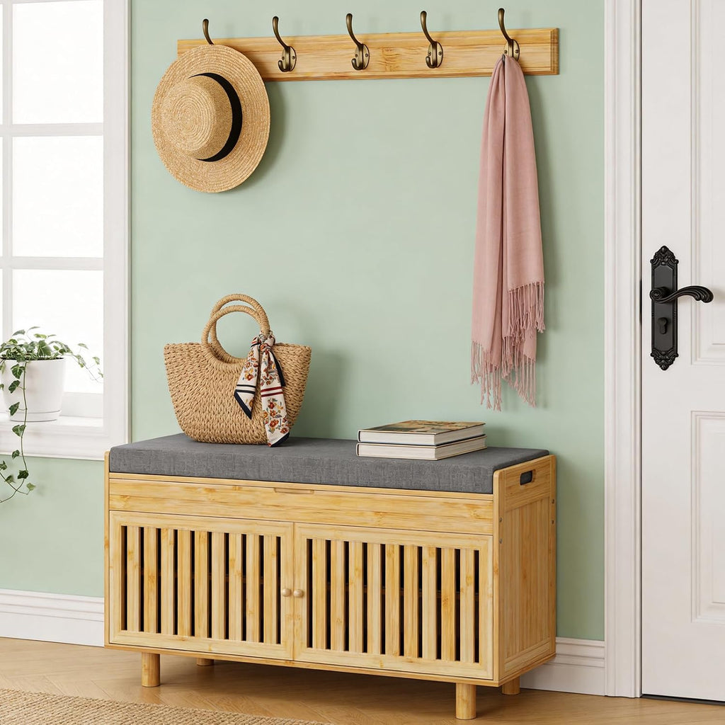 Bamboo Hall Tree Shoe Bench with Hooks