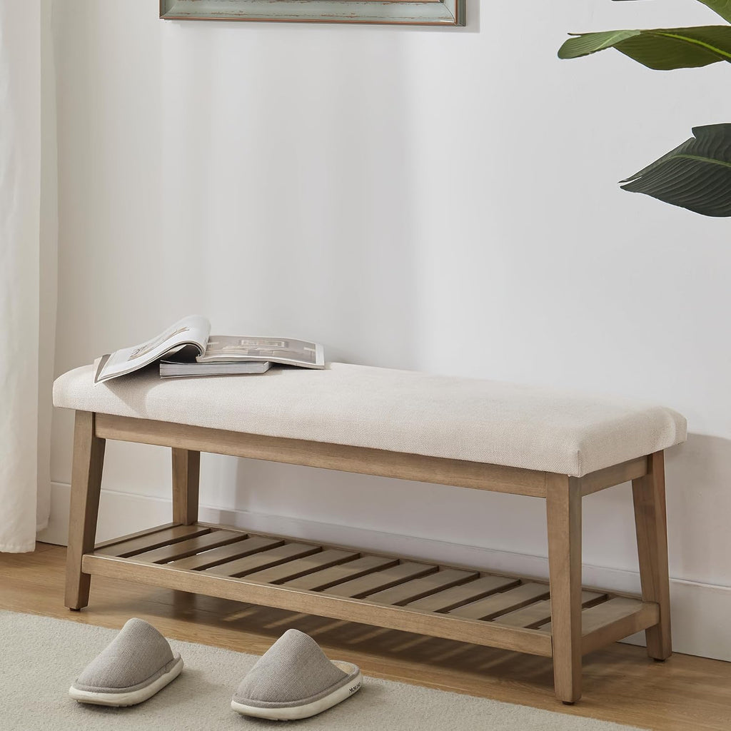 Beige Chenille Storage Shoe Bench