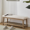Beige Chenille Storage Shoe Bench