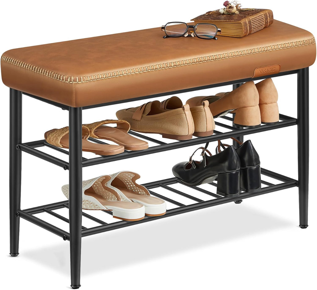 Caramel Brown Mid-Century Leather Shoe Bench