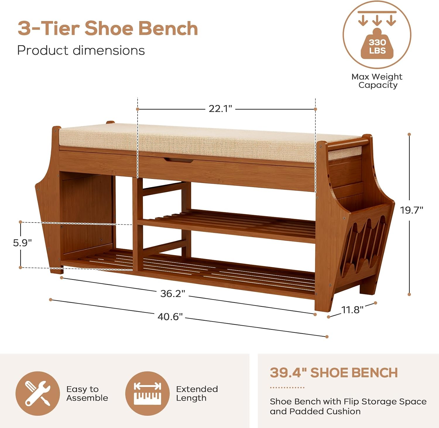 Bamboo Cushioned 3-Tier Entryway Shoe Bench