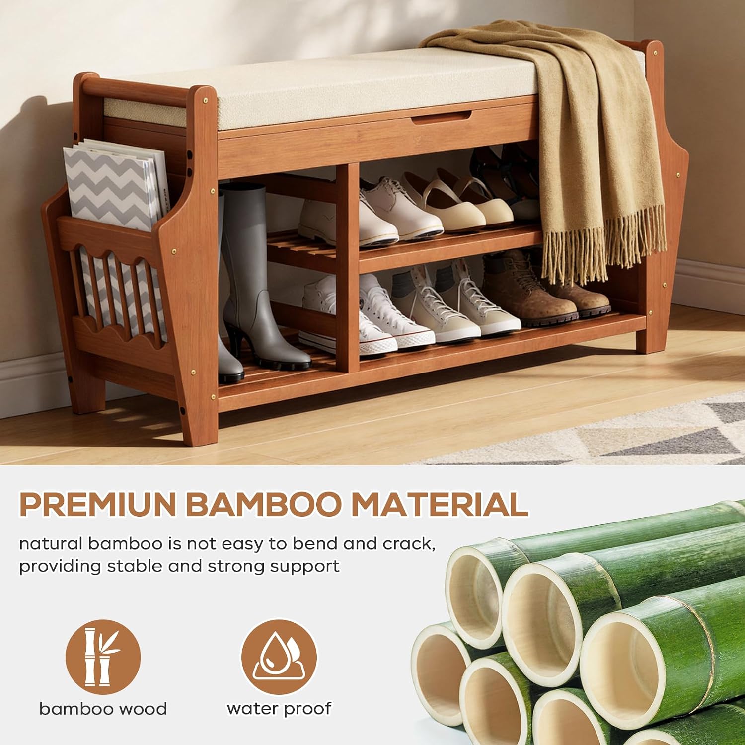 Bamboo Cushioned 3-Tier Entryway Shoe Bench