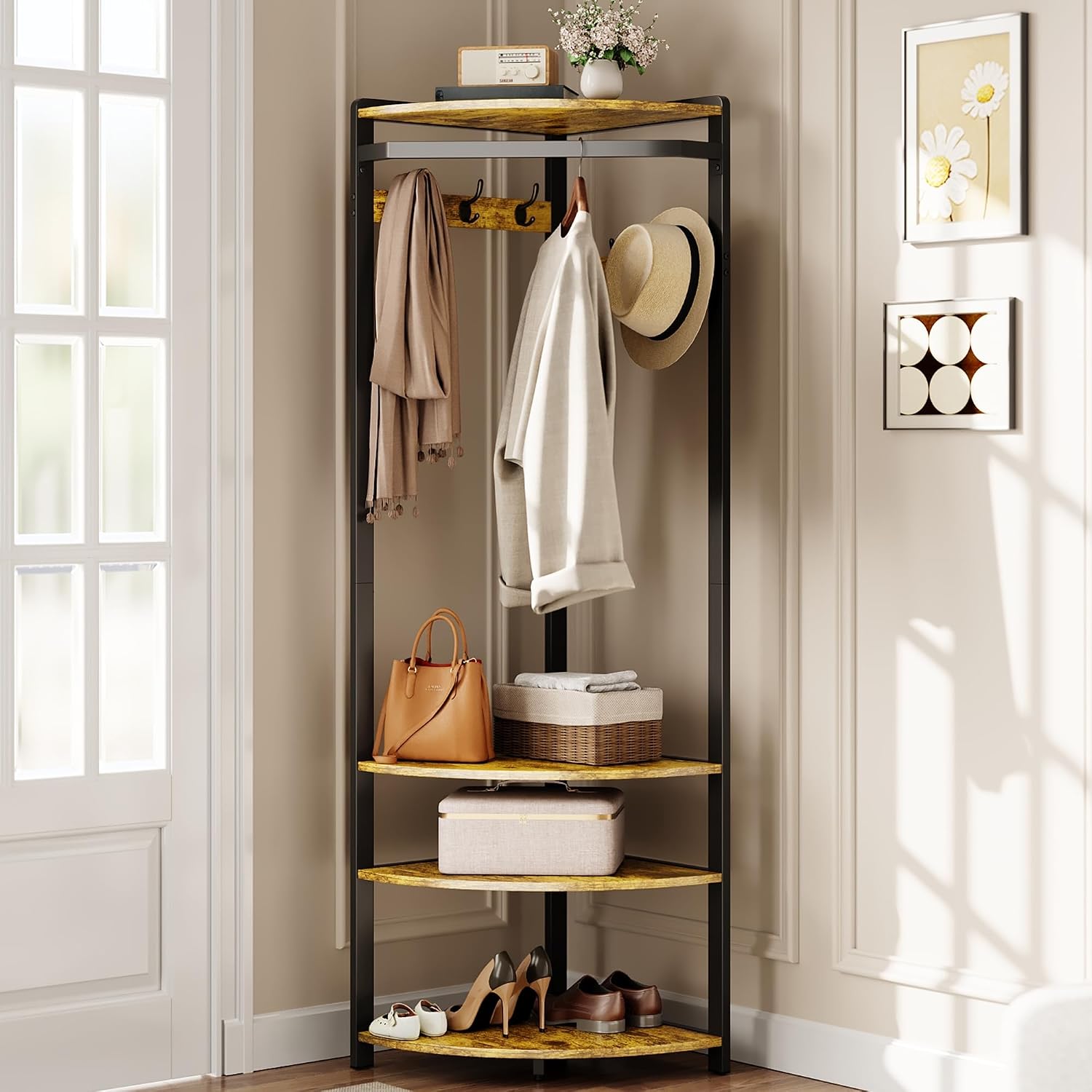 Brown Black Corner Hall Tree Rack
