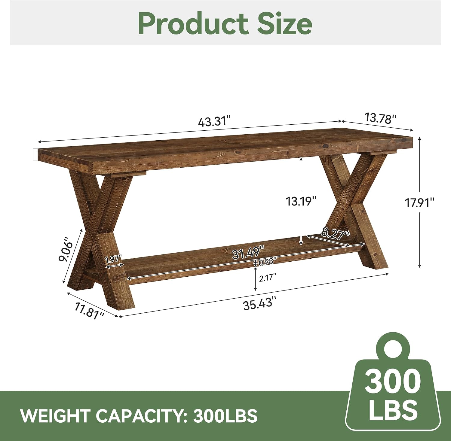43.3" Wood Bench X Legs Storage Shelf