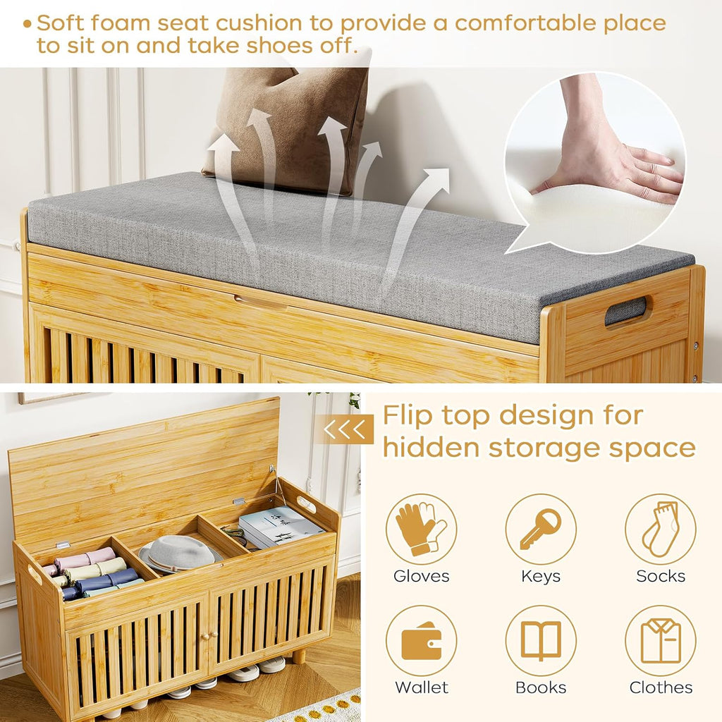 Bamboo Hall Tree Shoe Bench with Hooks