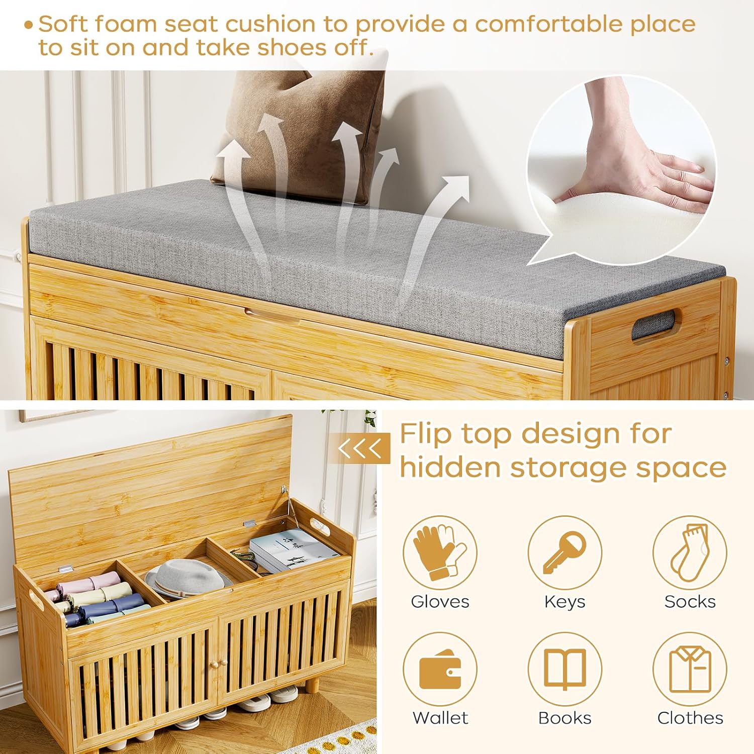 Bamboo Hall Tree Shoe Bench with Hooks