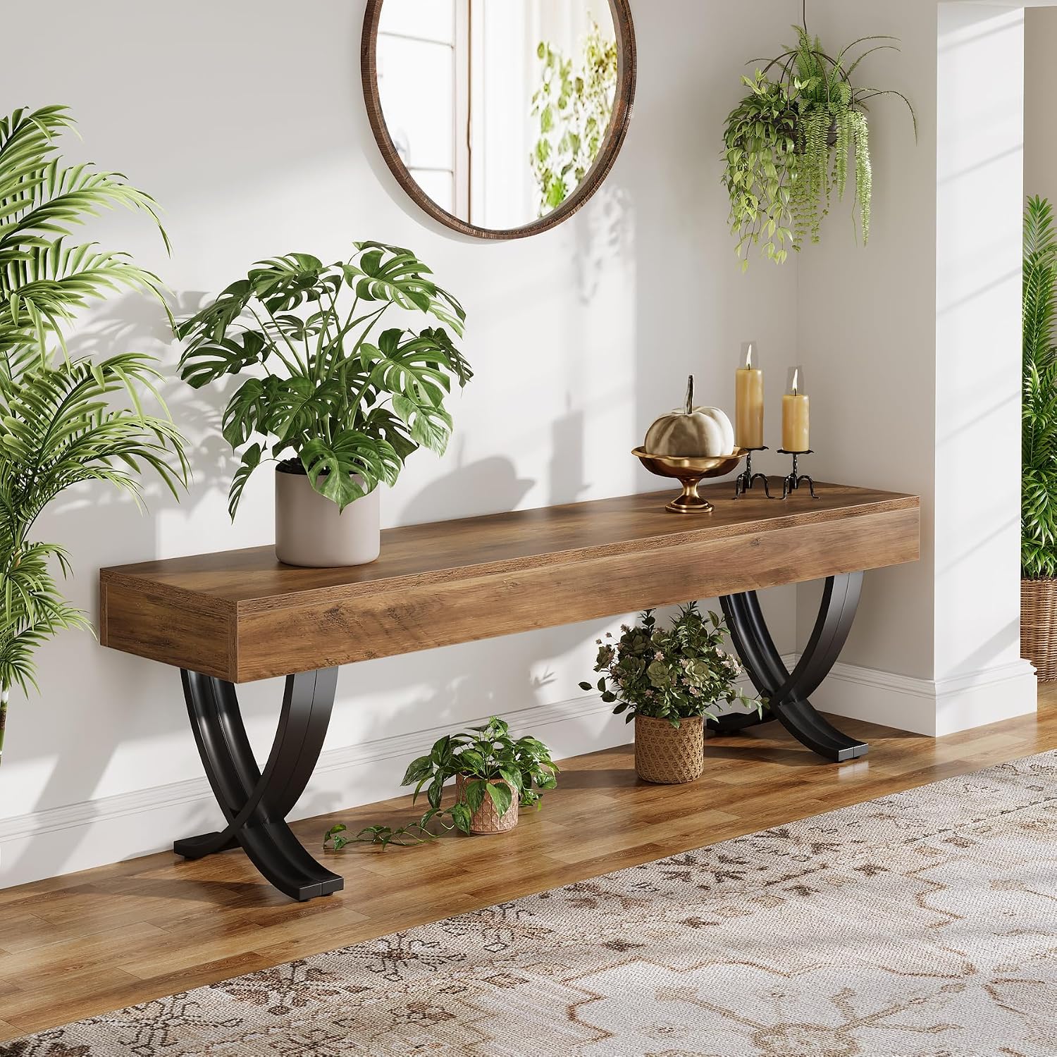 55 Inch Industrial Wood Shoe Bench with Metal X Legs