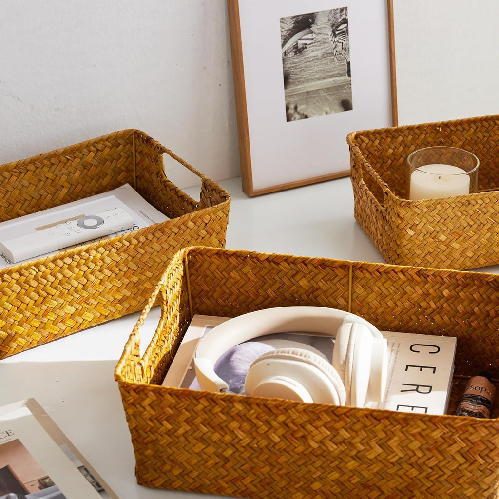 3 Pack Stackable Natural Wicker Baskets