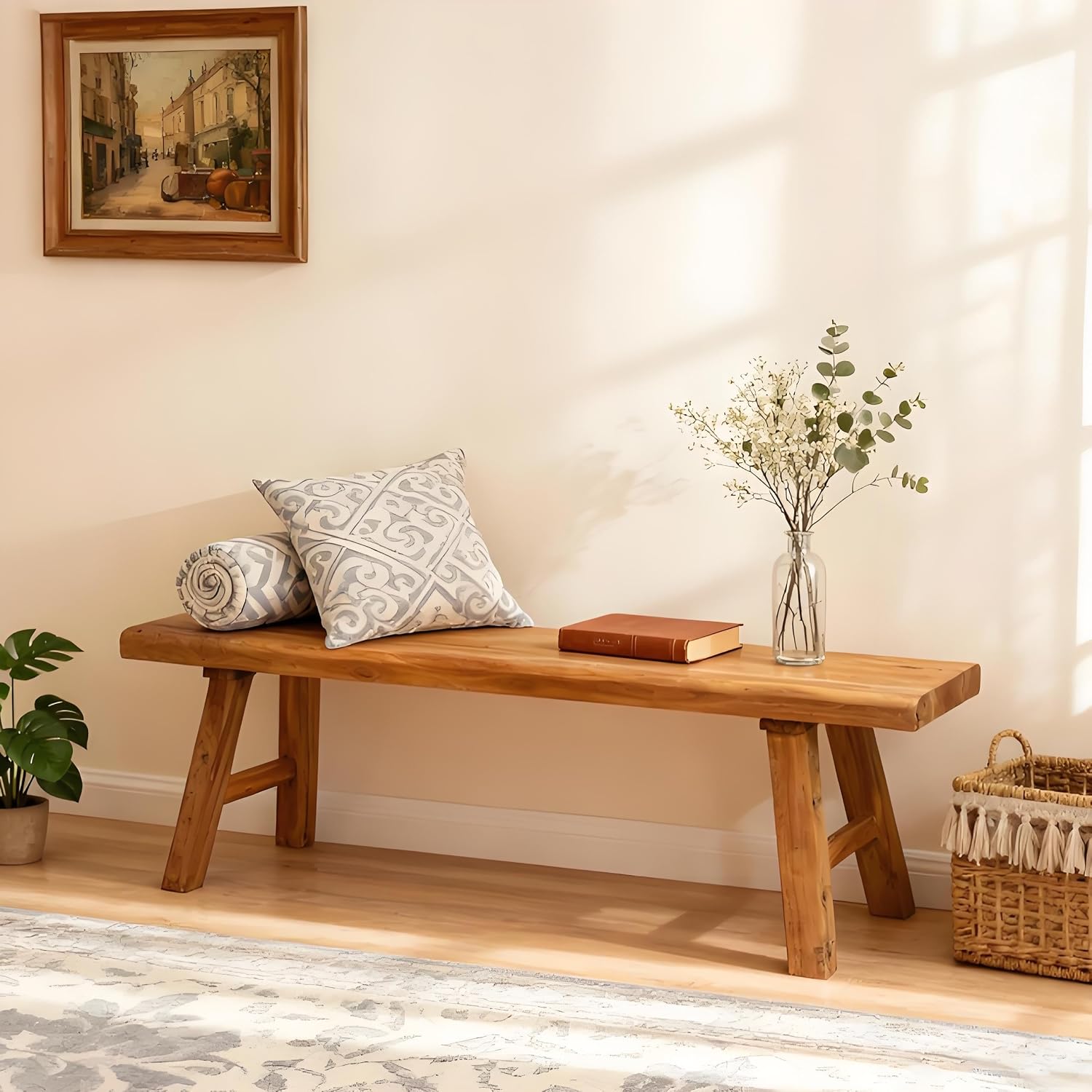 Narrow Rustic Farmhouse Wood Bench