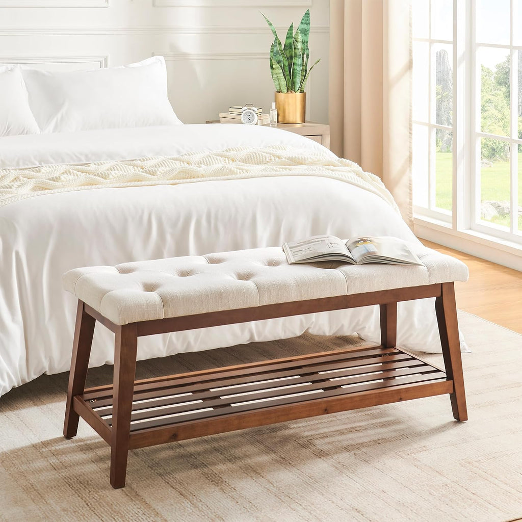 Beige Padded Wood Leg Storage Bench
