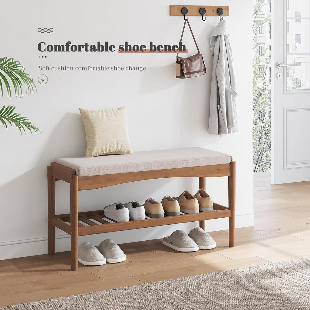 Brown Bamboo 2-Tier Cushioned Shoe Bench