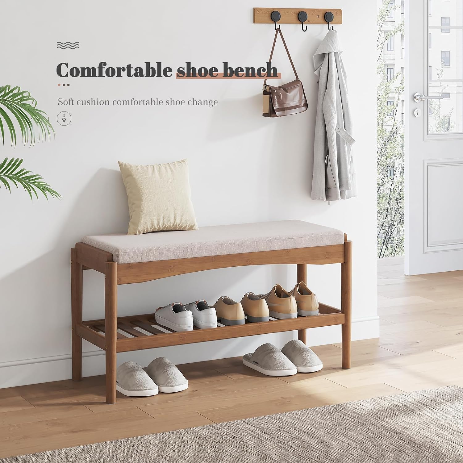 Brown Bamboo 2-Tier Cushioned Shoe Bench