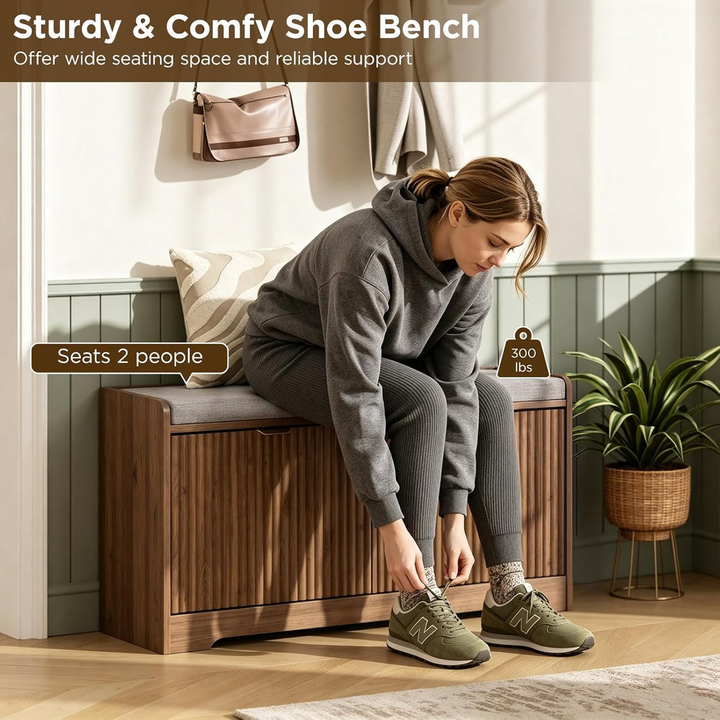 Walnut Fluted Storage Shoe Bench