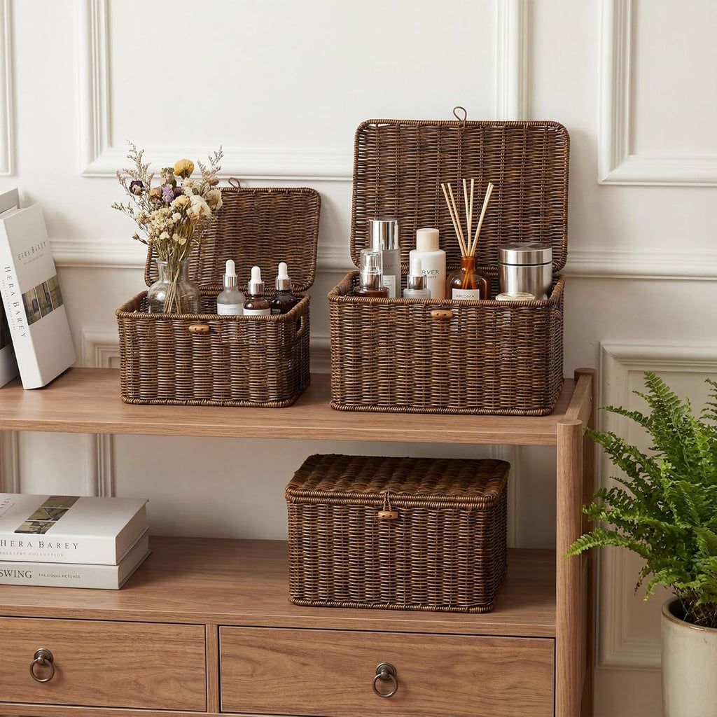 Brown Stackable Plastic Wicker Baskets with Lids