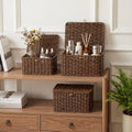 Brown Stackable Plastic Wicker Baskets with Lids