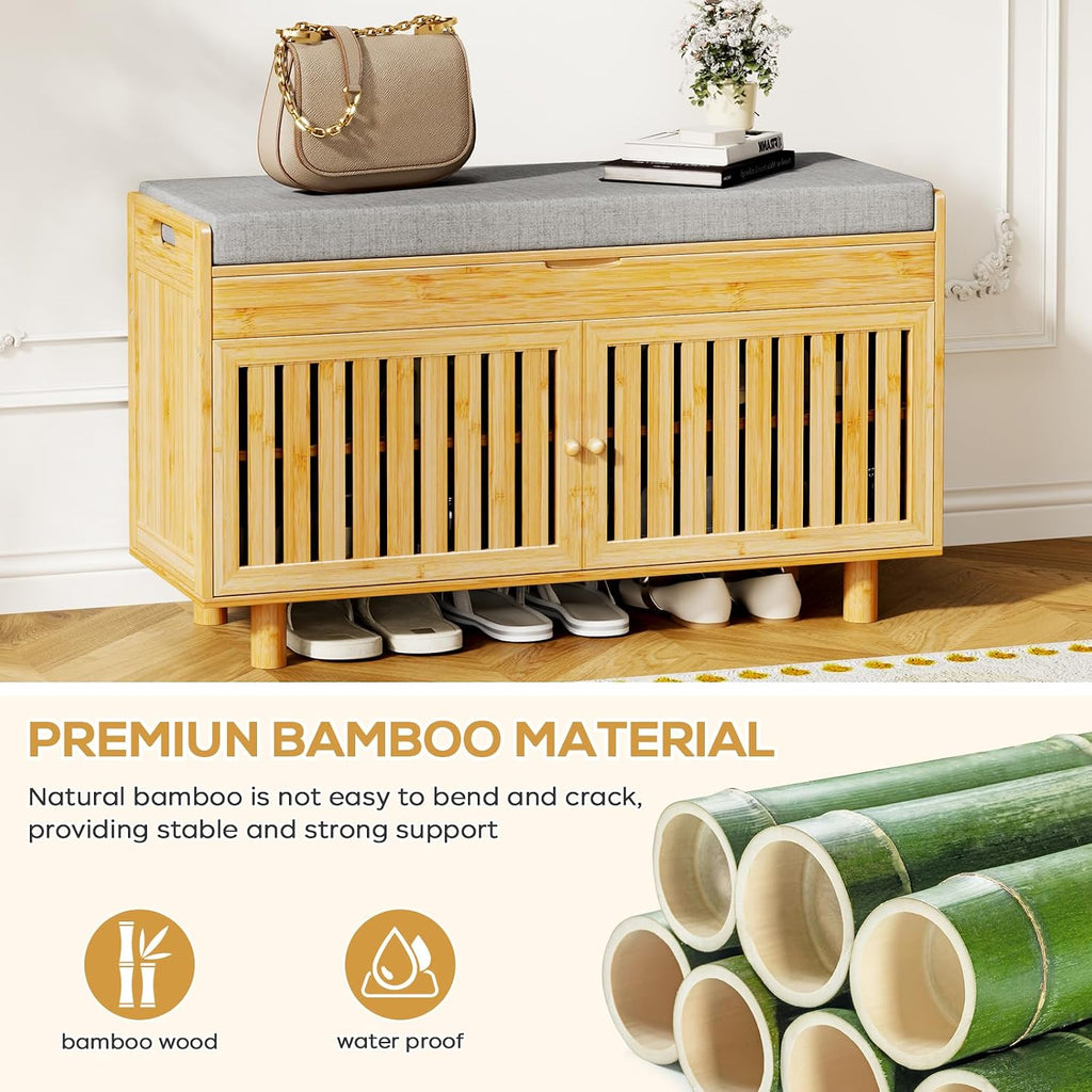 Bamboo Hall Tree Shoe Bench with Hooks