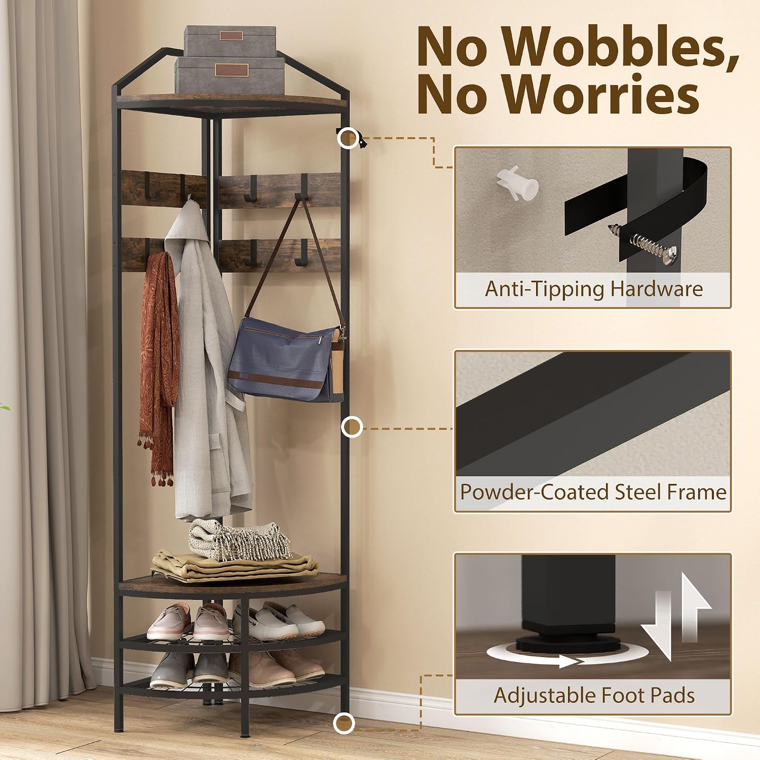 Brown Industrial Corner Hall Tree Rack