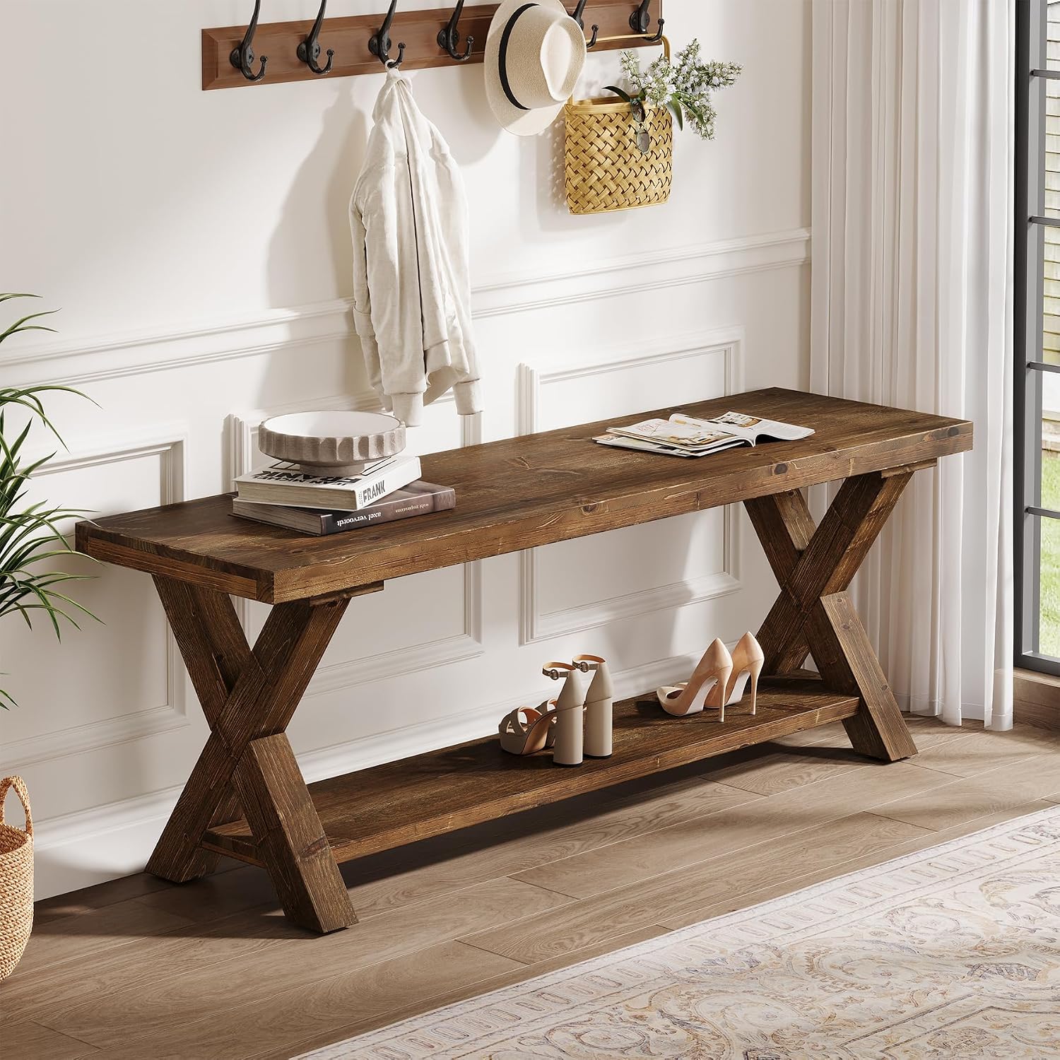 43.3" Wood Bench X Legs Storage Shelf