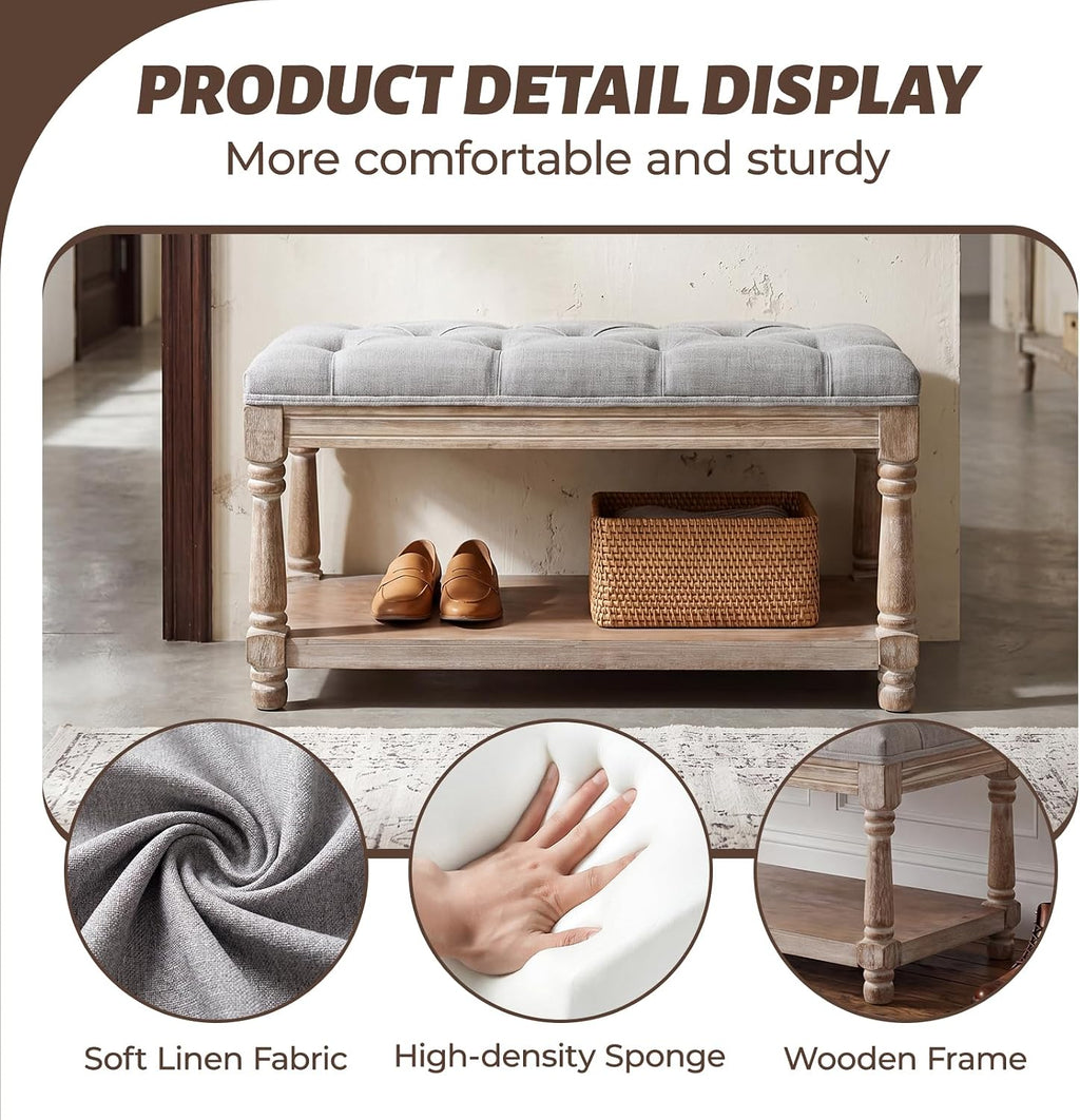 Gray Tufted 1-Seat Storage Shoe Bench