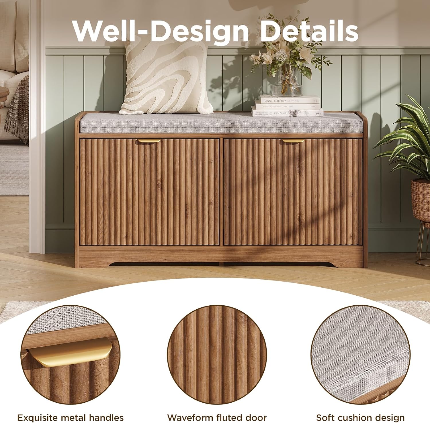 Walnut Fluted Storage Shoe Bench
