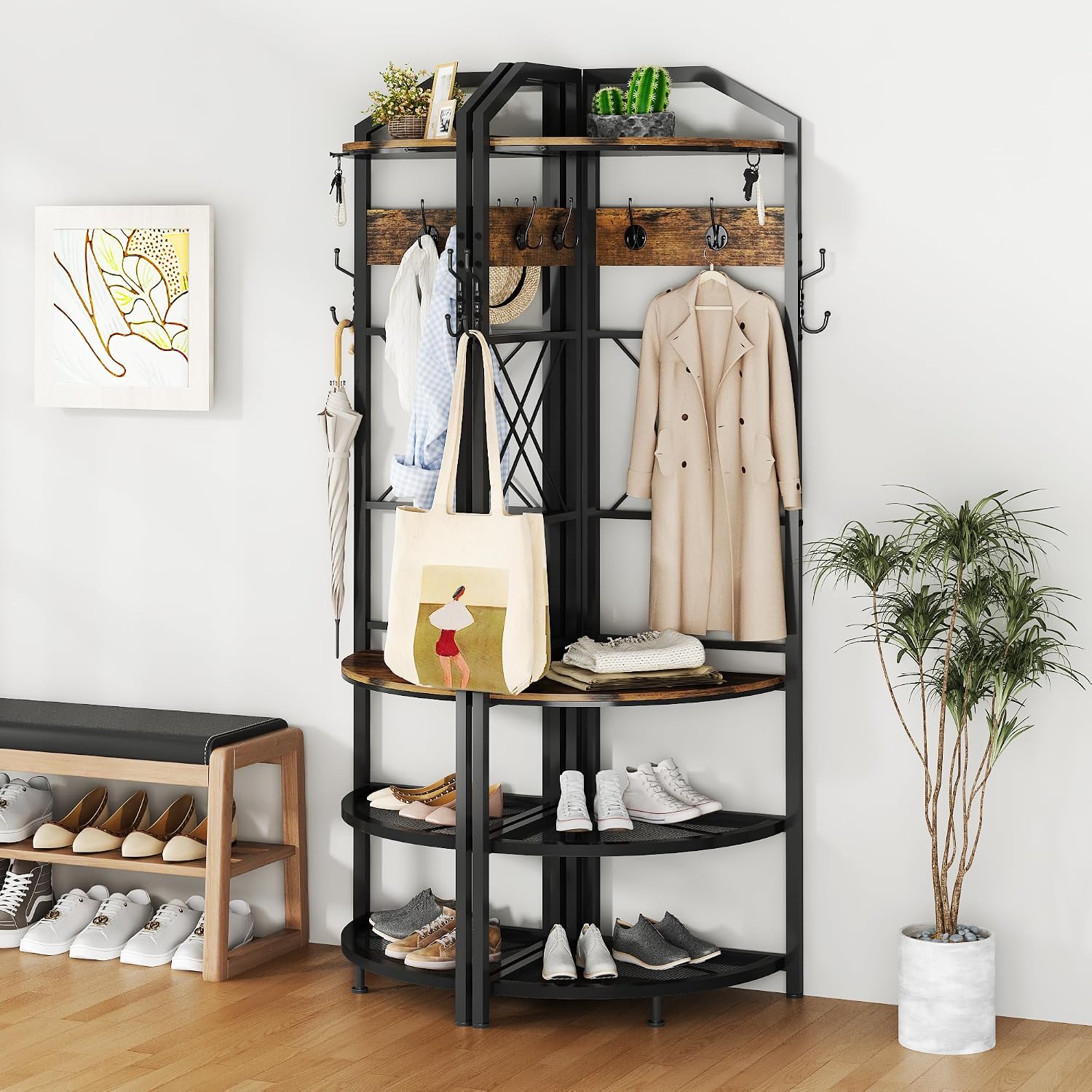 Brown Hall Tree Bench Coat Storage Rack