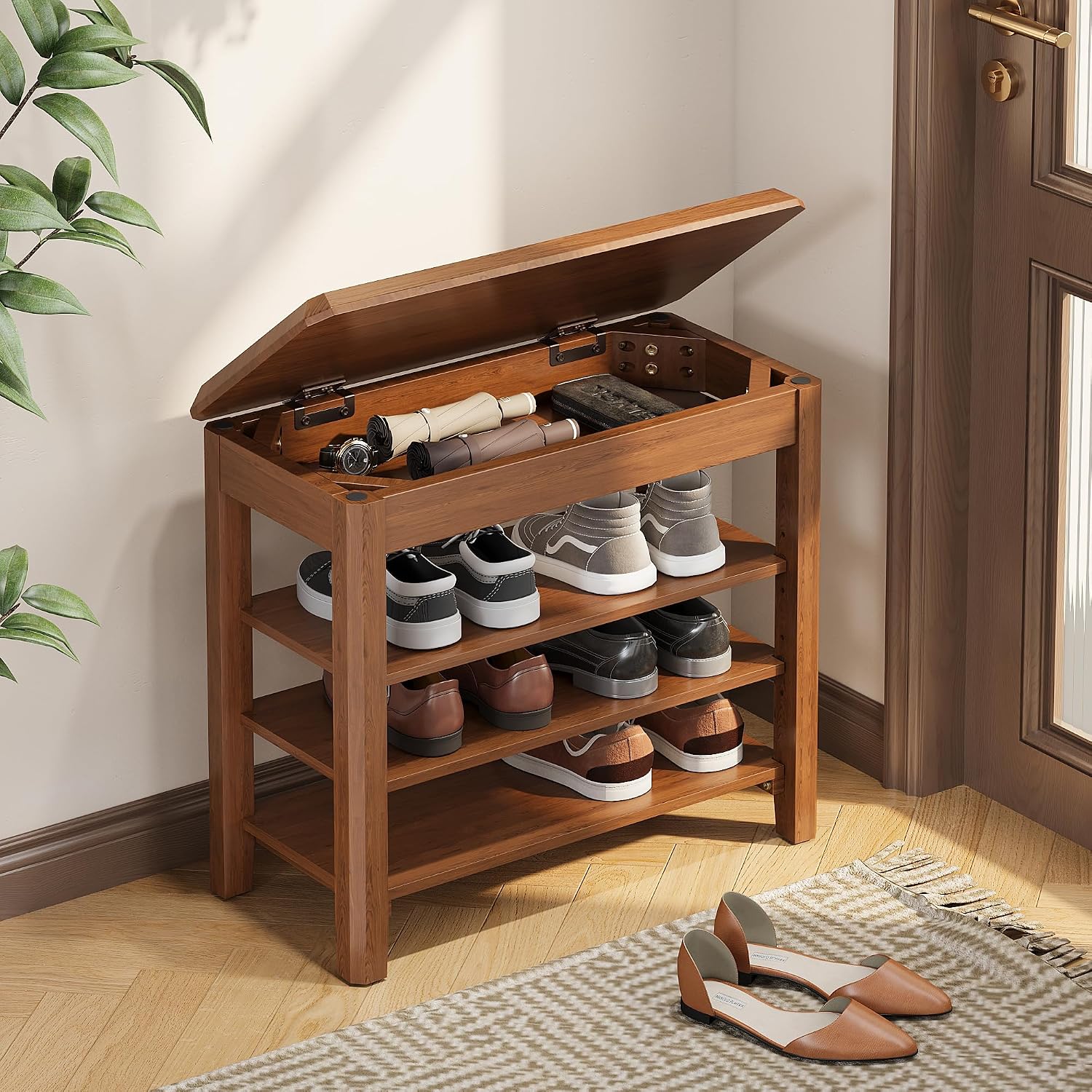Mid-Century Rubberwood 3-Tier Shoe Bench
