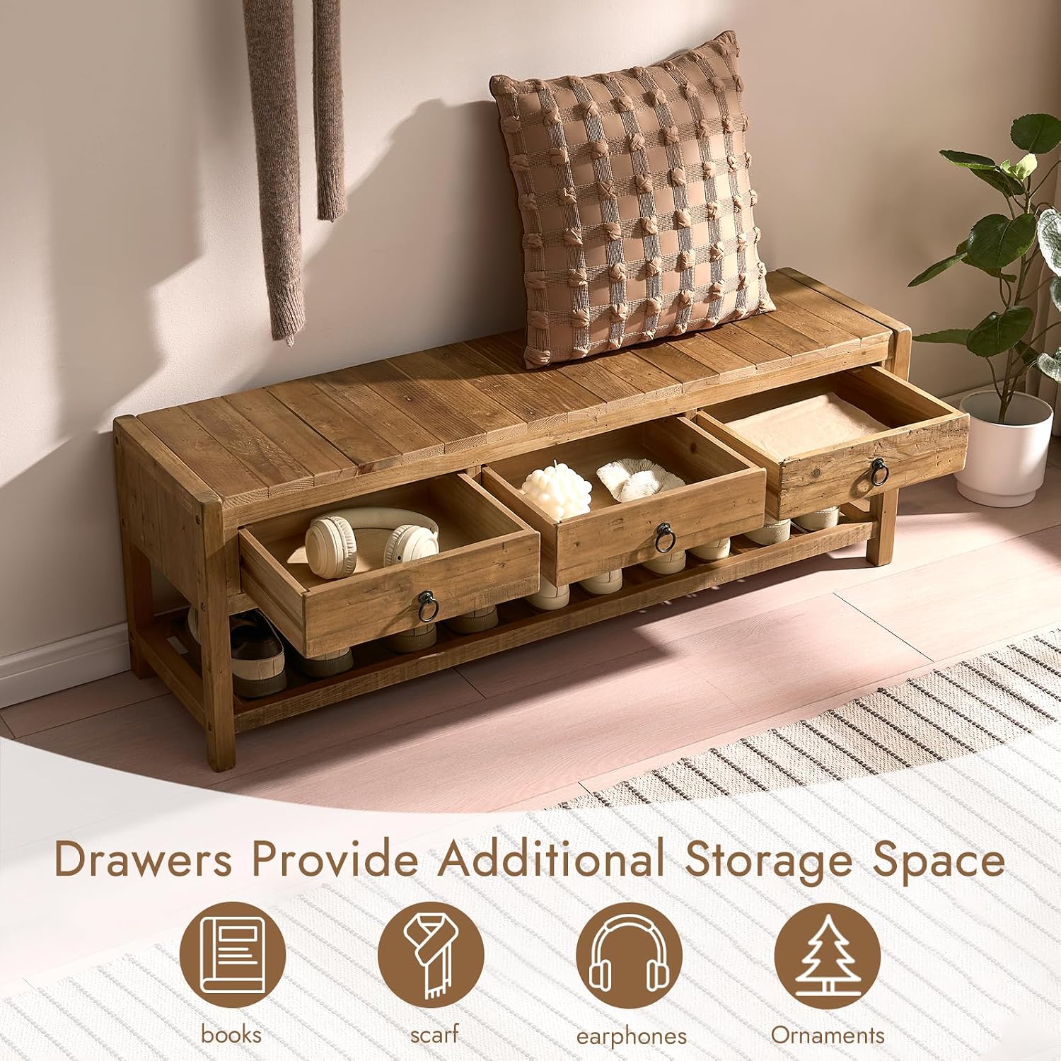 Natural Finish Rustic Wood Bench with Drawers & Storage Shelf