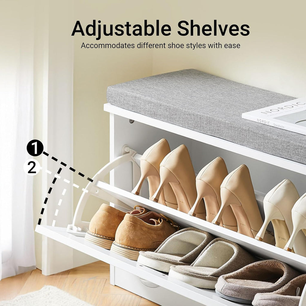 White Small Cushioned Flip Drawer Shoe Bench