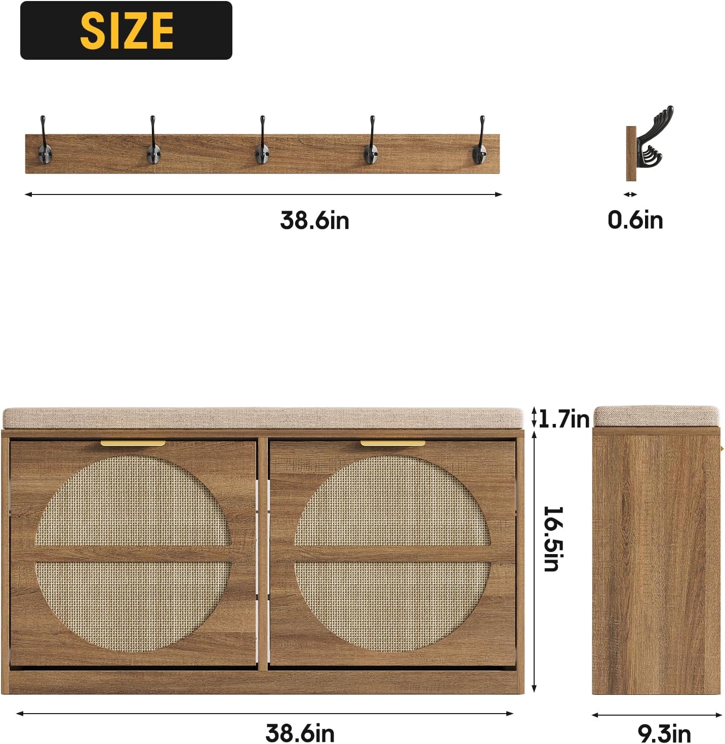 Rustic Oak Rattan Hall Tree Shoe Bench