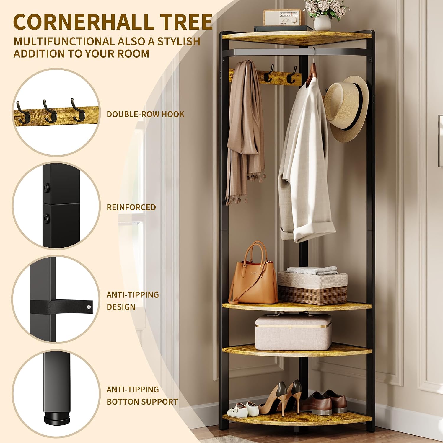 Brown Black Corner Hall Tree Rack