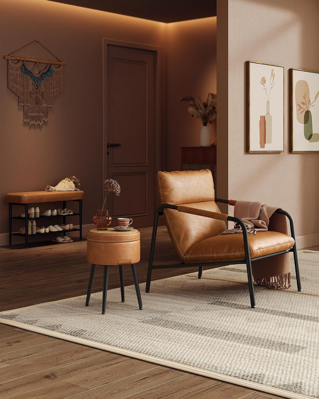Caramel Brown Mid-Century Leather Shoe Bench