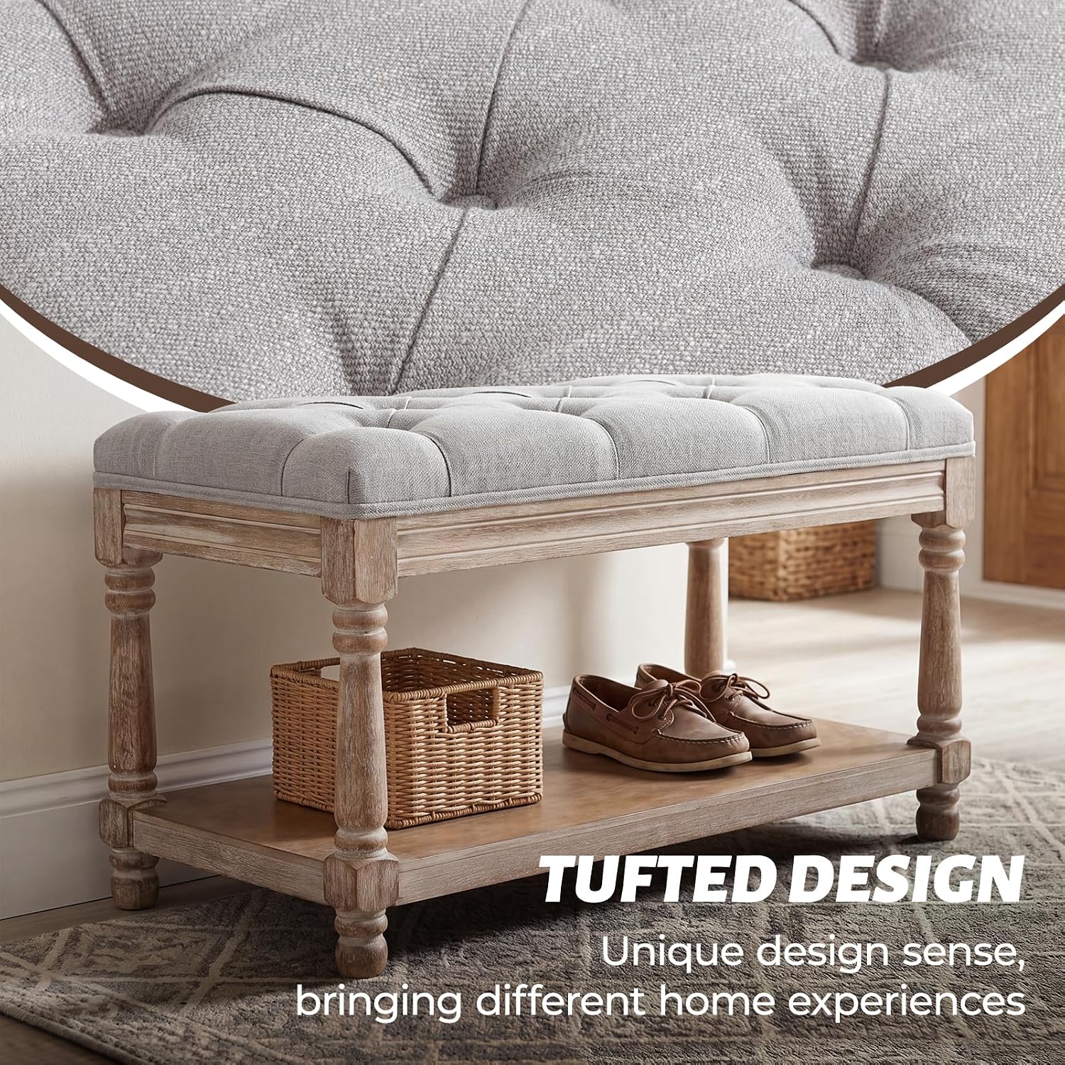 Gray Tufted 1-Seat Storage Shoe Bench
