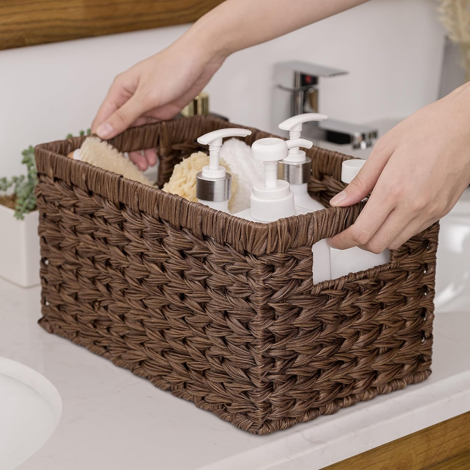 2 Pack Brown Waterproof Wicker Baskets