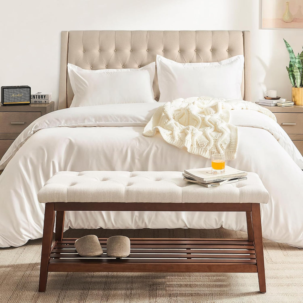 Beige Padded Wood Leg Storage Bench