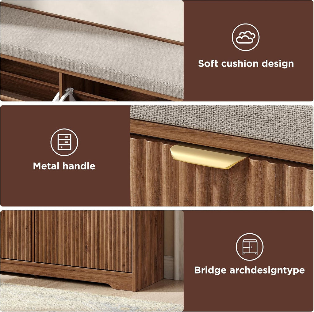Walnut Fluted Storage Shoe Bench