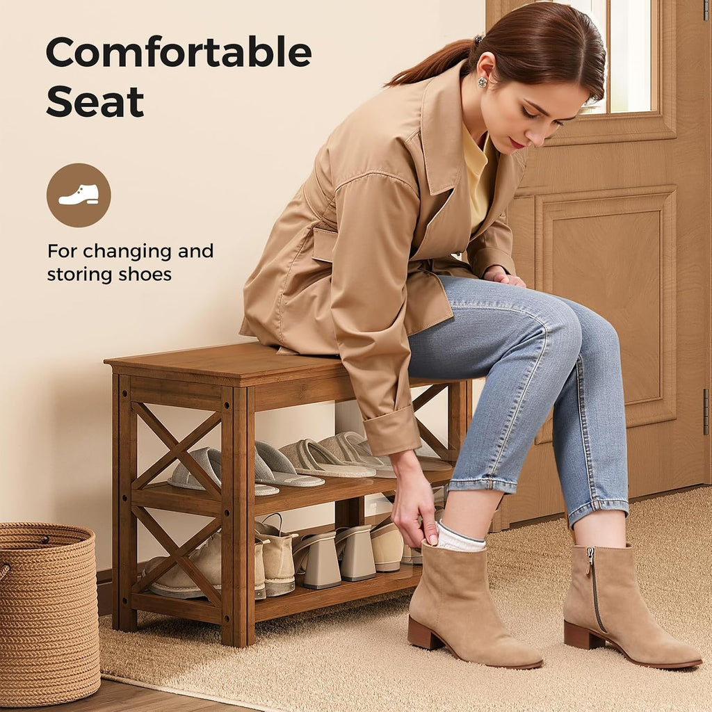 23.6" X-Brown 3-Tier Bamboo Shoe Bench