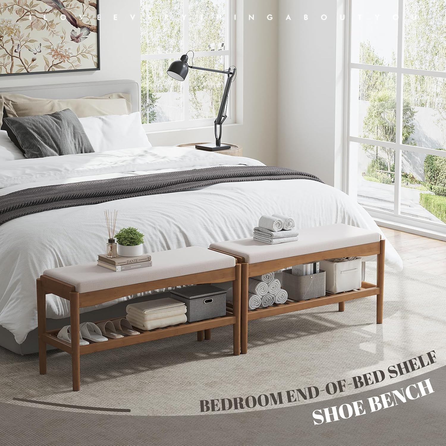 Brown Bamboo 2-Tier Cushioned Shoe Bench