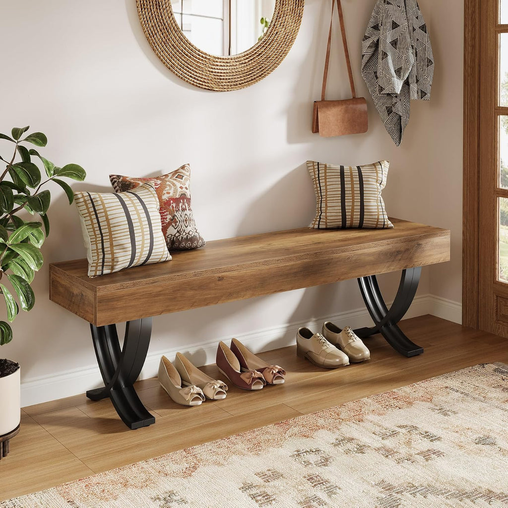 55 Inch Industrial Wood Shoe Bench with Metal X Legs