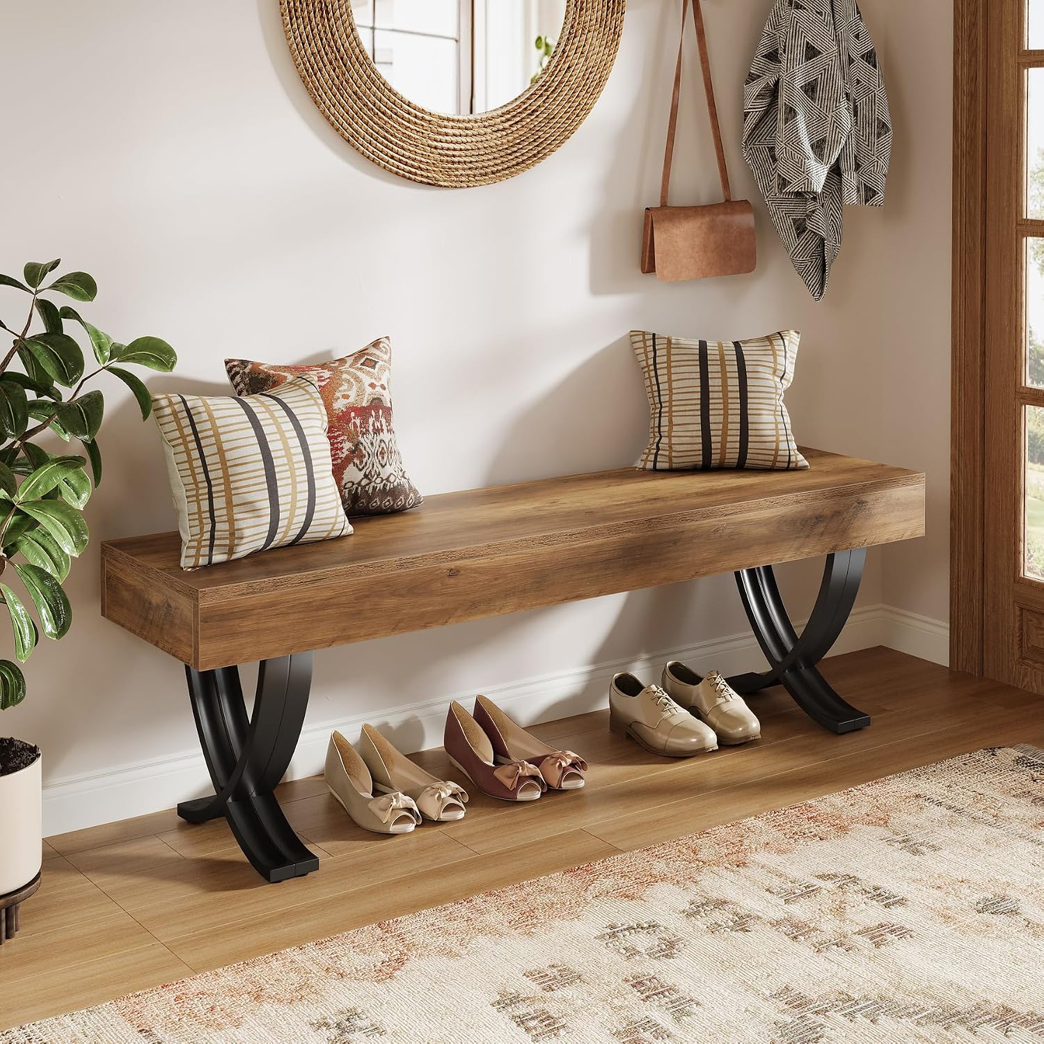 55 Inch Industrial Wood Shoe Bench with Metal X Legs