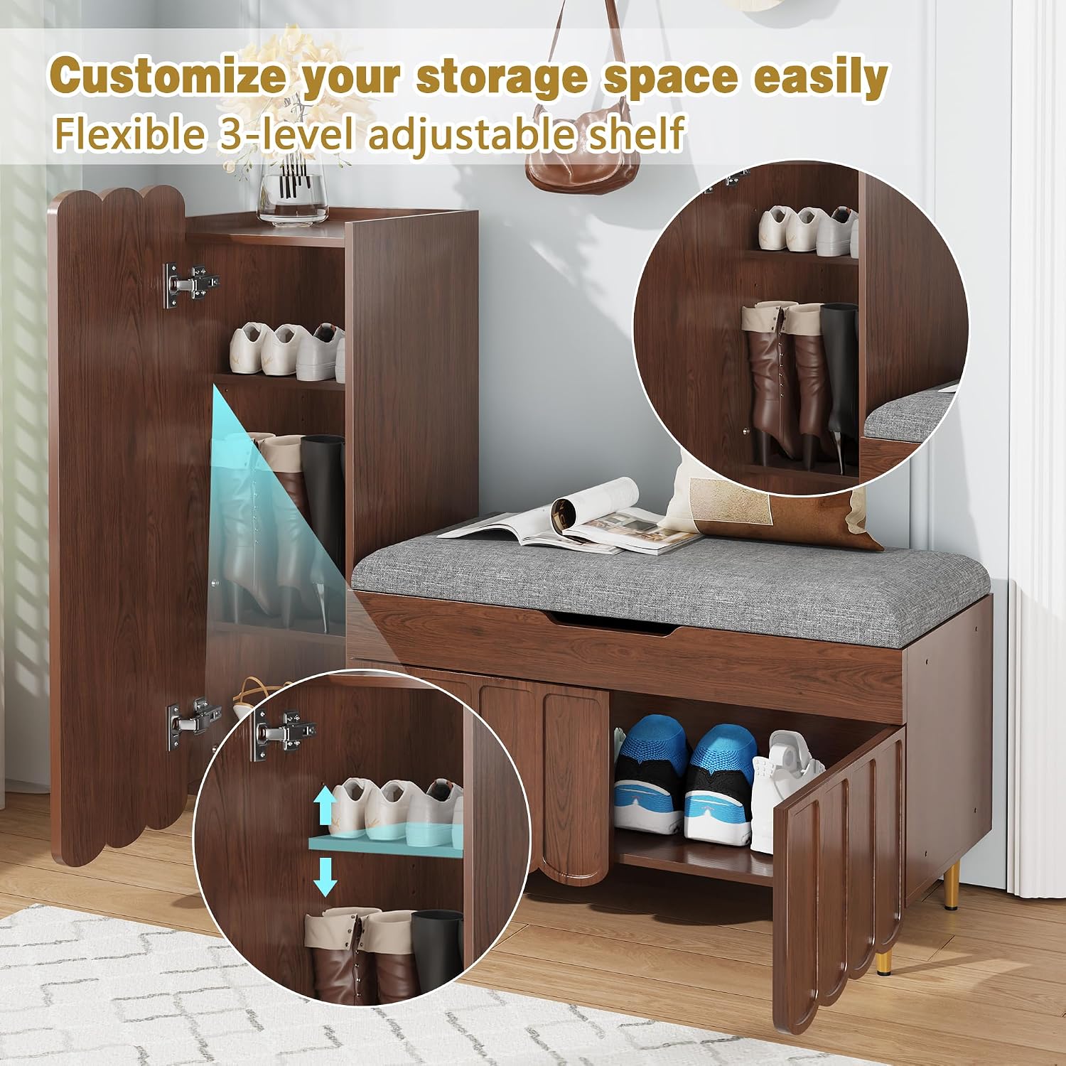 L-Shaped Cushioned Entryway Shoe Cabinet