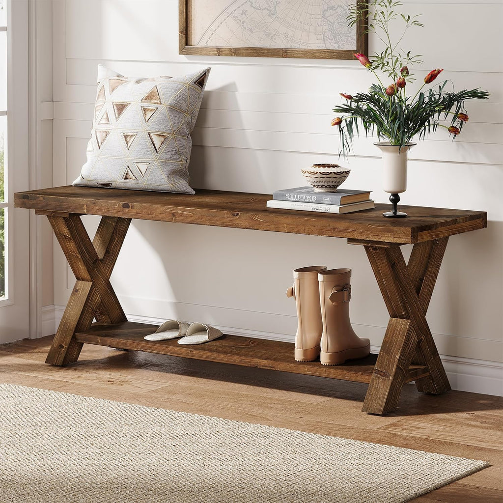 43.3" Wood Bench X Legs Storage Shelf