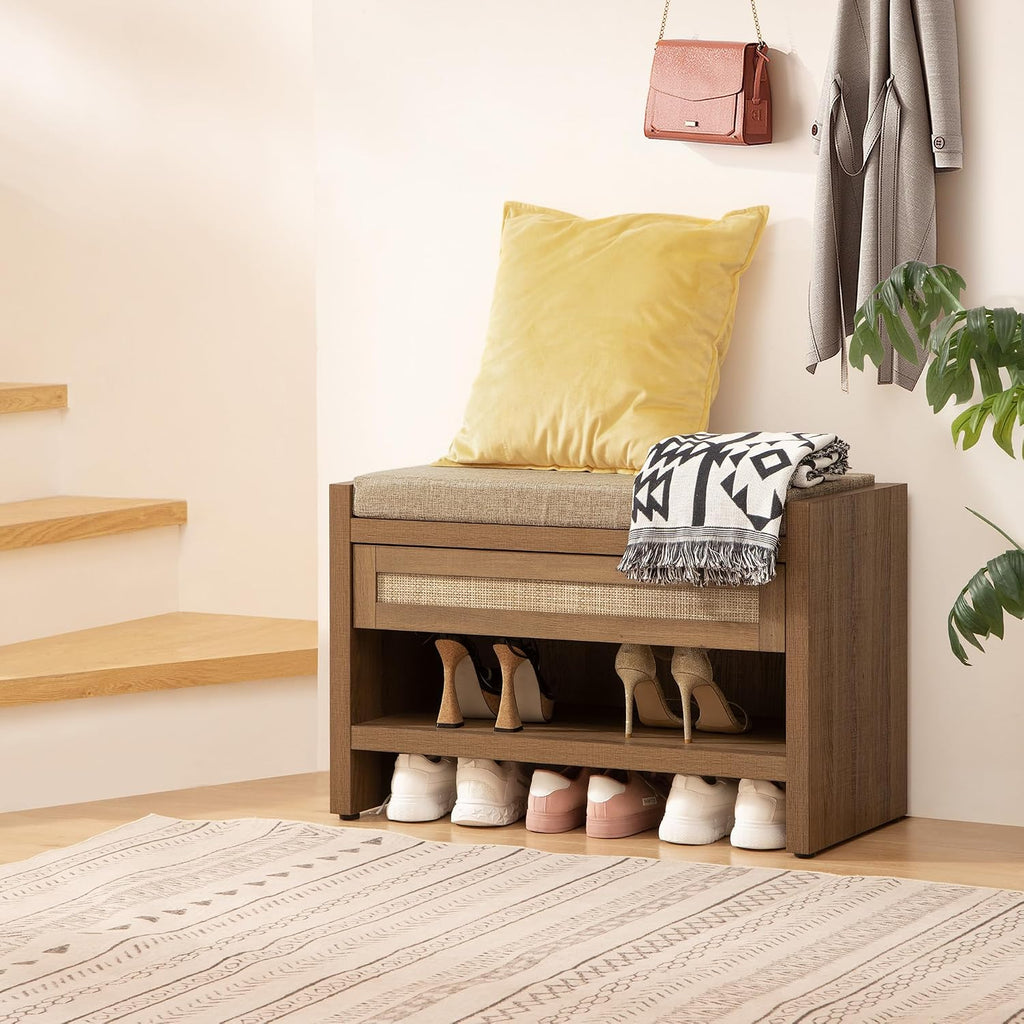 Caramel Oak Rattan Farmhouse Shoe Bench