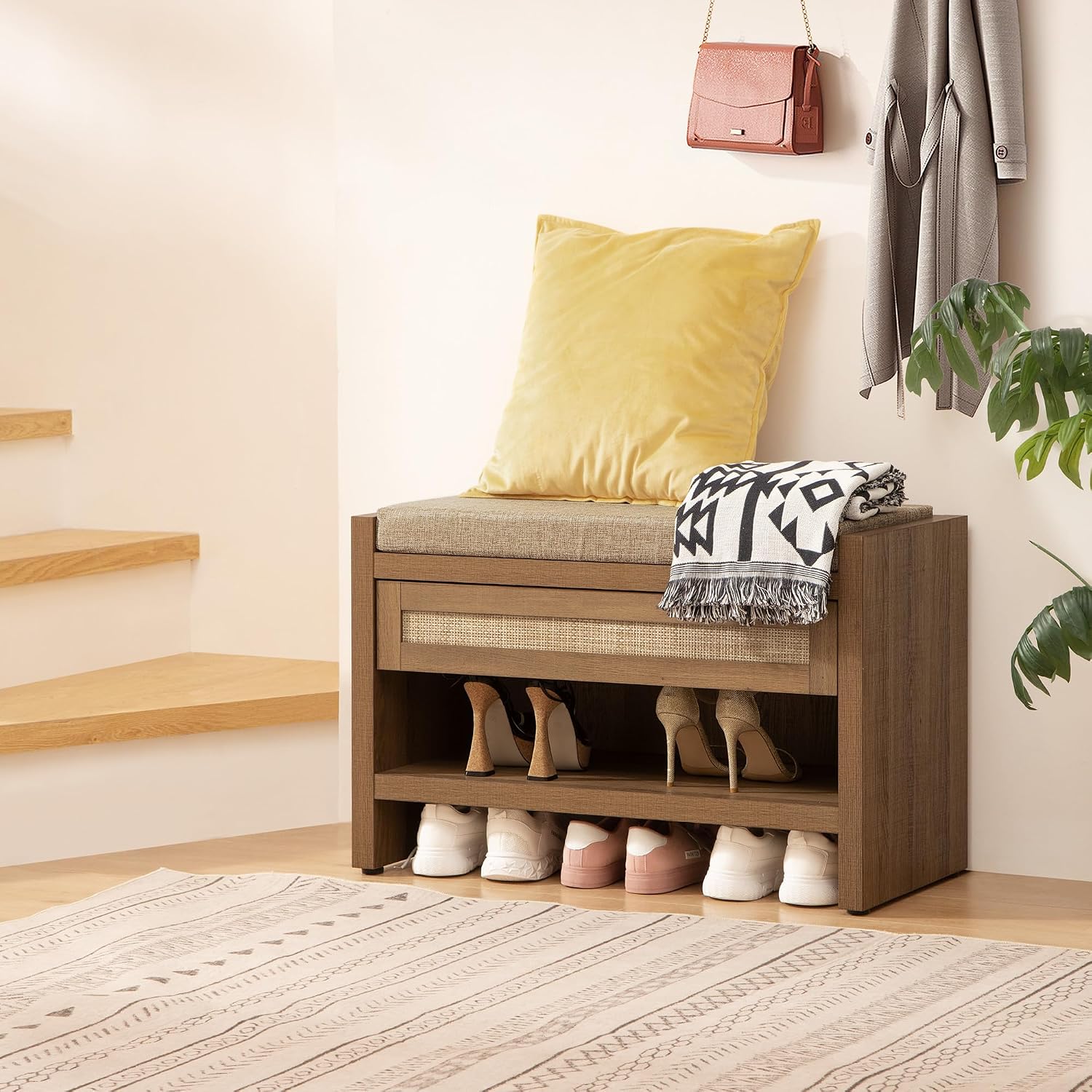 Caramel Oak Rattan Farmhouse Shoe Bench