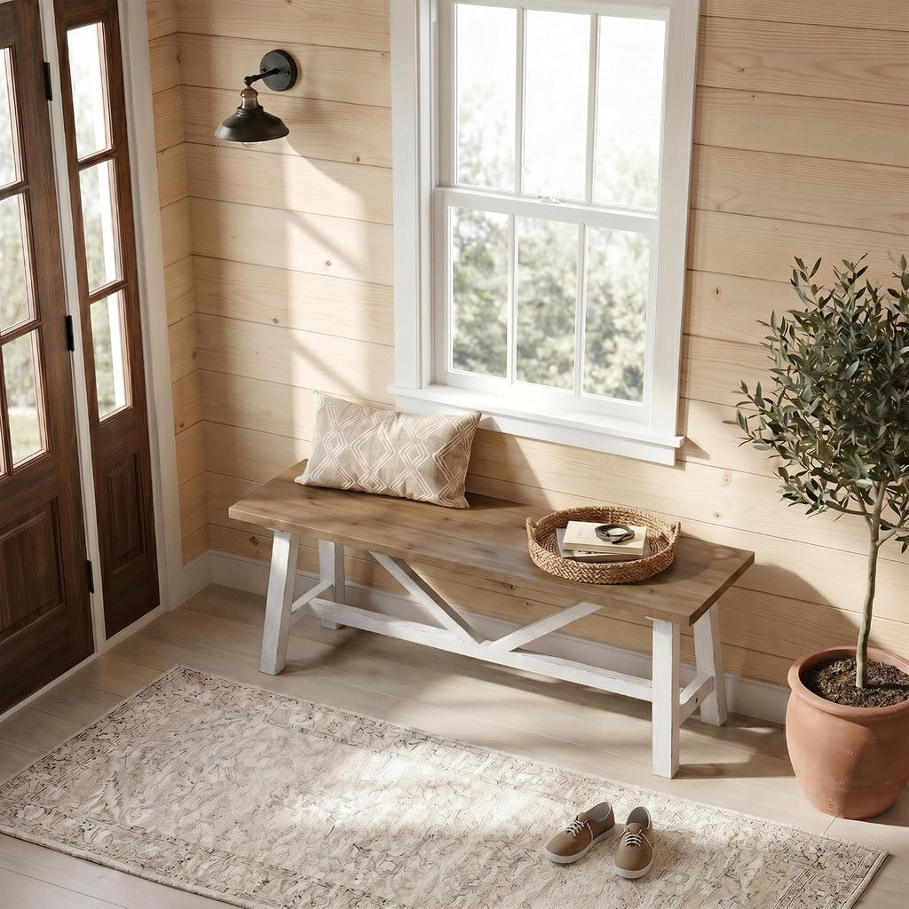 43 Inch White Farmhouse Solid Wood Bench