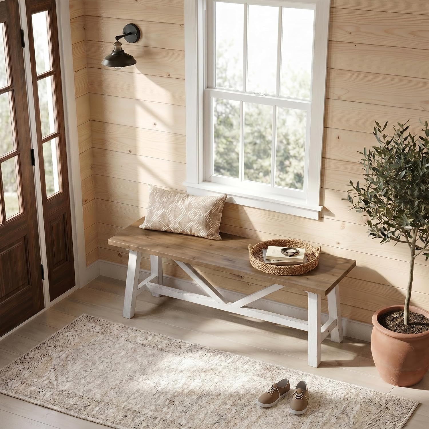 43 Inch White Farmhouse Solid Wood Bench