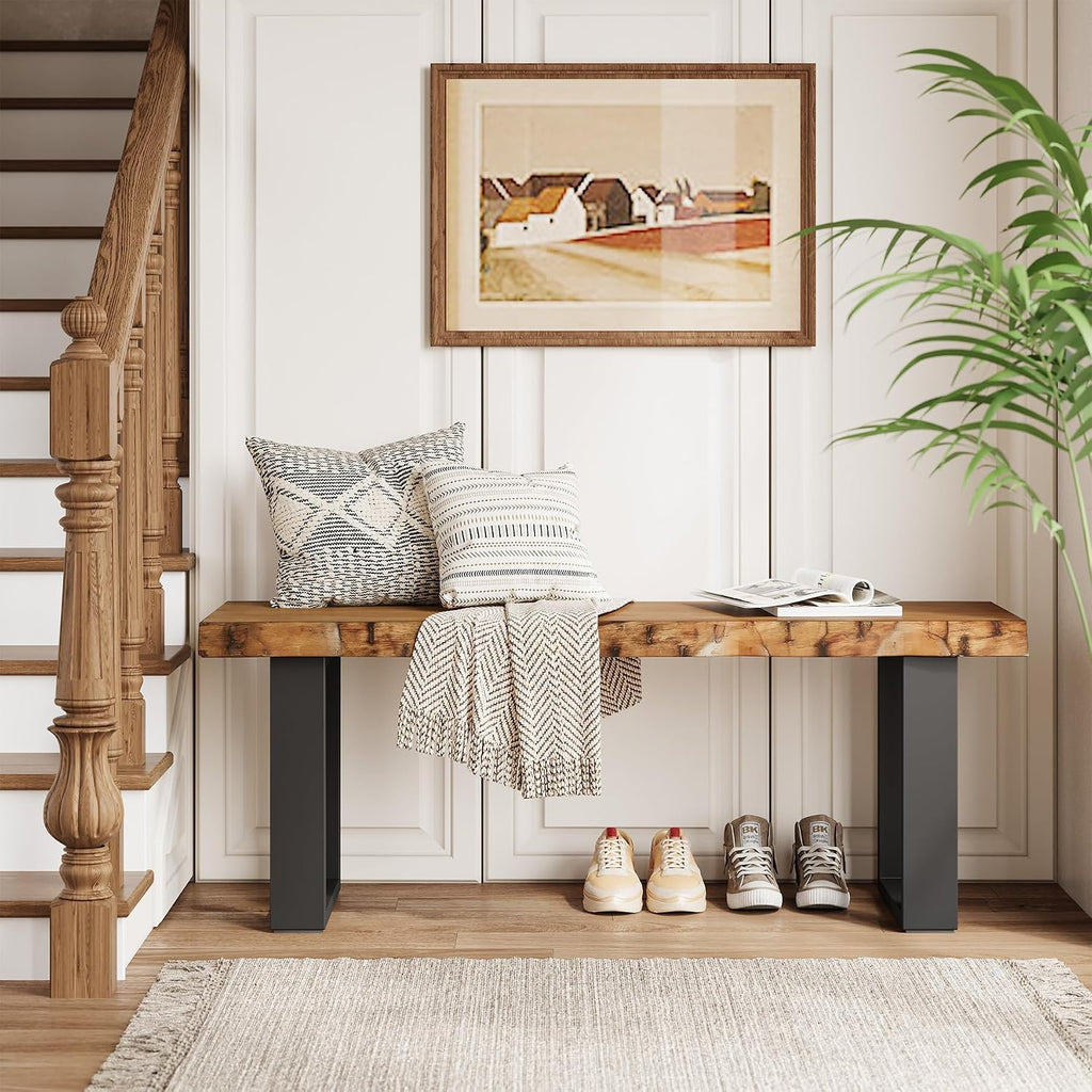 47 Inch Industrial Wood Shoe Bench with Metal Legs